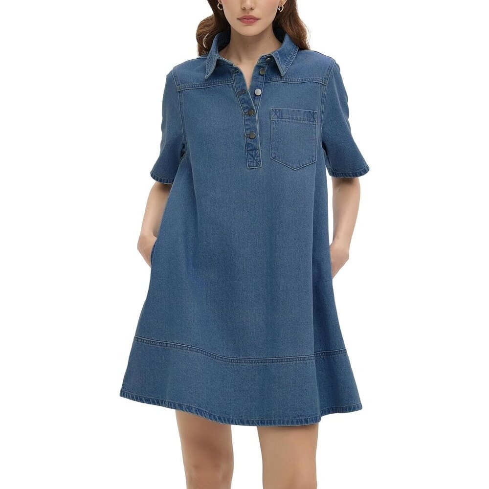 Women’s Denim Shirt Dress Collared V-Neck A-Line Casual Pockets Large